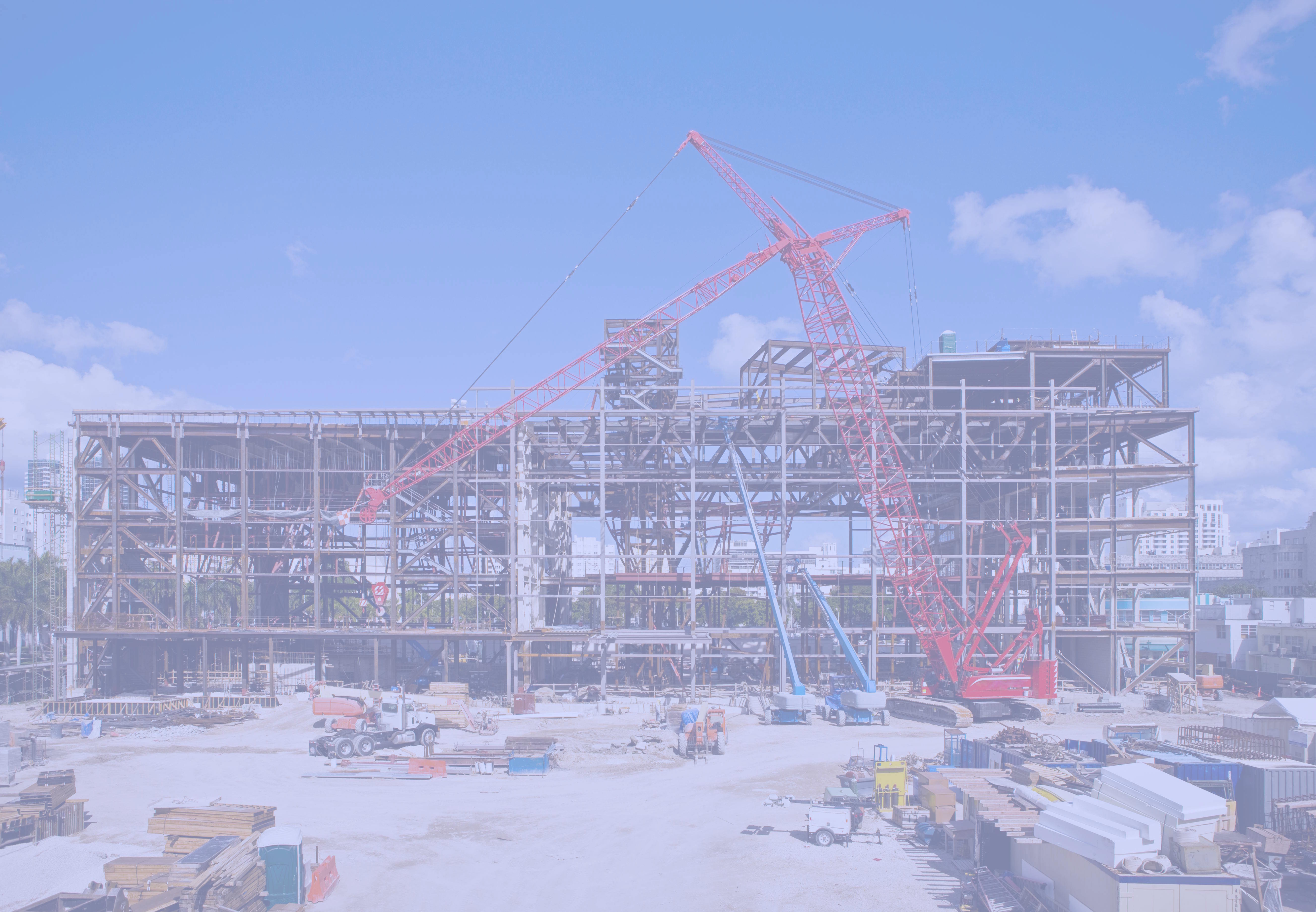 Modern office building construction site with crane and steel framework